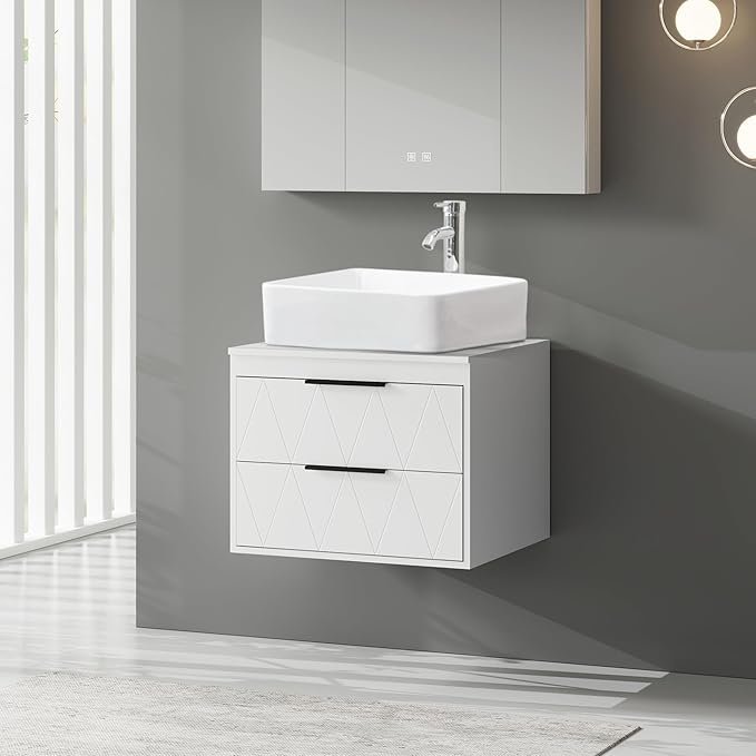 eclife 24" Floating Bathroom Vanities with Sink Combo, Wall Mounted Modern Cabinet W/Diamond Line Pattern Design, White Rectangle Ceramic Vessel Sink W/Water Save Faucet & Pop Up Drain, White