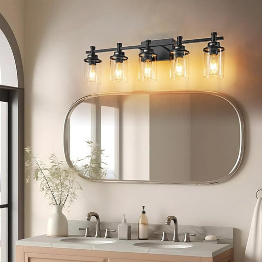 5-Light Black Bathroom Vanity Light, Modern Lighting Fixture With Clear Glass Shade, Wall Sconces Over Mirror