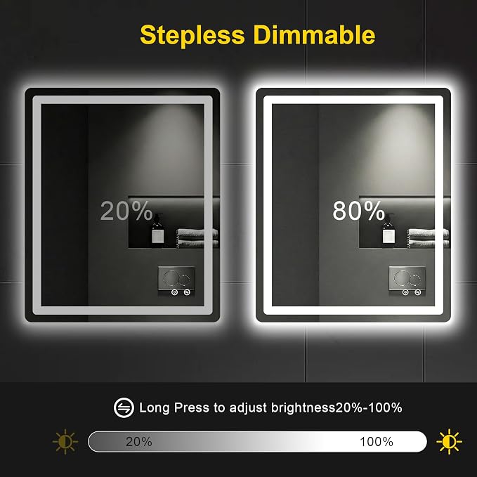 LED Bathroom Mirror with Lights, 30"x36" Lighted Vanity Mirror for Wall | Anti-Fog, Dimmable 3 Color Light, Backlit+Frontlit, Shatterproof Tempered Glass, Memory Function
