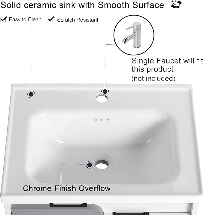 Malwee 24 Inch Floating Bathroom Vanity with Sink, 24'' Single Sink Wall Mounted Bathroom Vanity, with 2 Doors and White Ceramic Basin Top, Wall Hung Storage Cabinet Set (077-24)