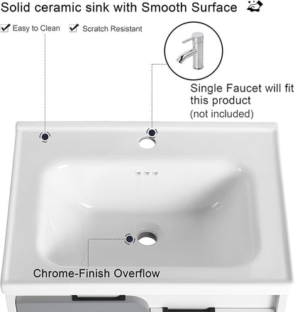 Malwee 24 Inch Floating Bathroom Vanity with Sink, 24'' Single Sink Wall Mounted Bathroom Vanity, with 2 Doors and White Ceramic Basin Top, Wall Hung Storage Cabinet Set (077-24)