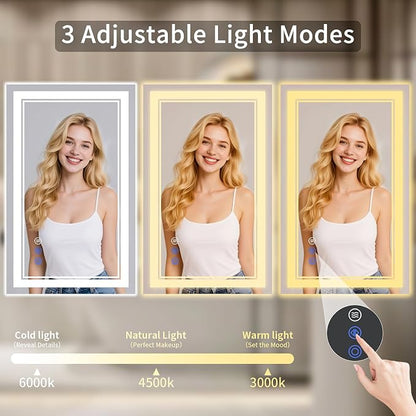 36"x36" LED Bathroom Mirror with Lights, Anti-Fog, Backlit + Front Lit, Dimmable, Led Vanity Mirror for Wall, 3 Colors, Memory Function, Shatter-Proof Tempered Glass