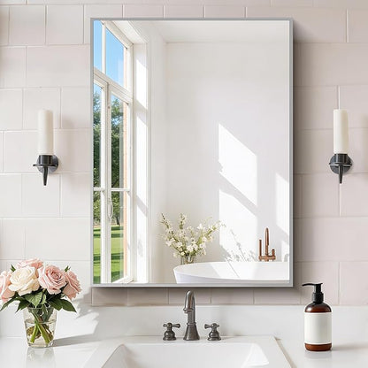 Silver Bathroom Mirror for Wall, 24x32 Inch Rectangle with Metal Frame, Modern Vanity for Bathroom Living Room, Entryway Hangs Horizontal or Vertical