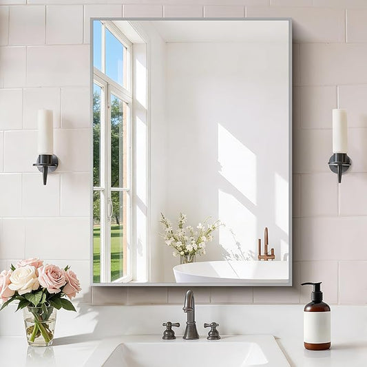 Silver Bathroom Mirror for Wall, 24x32 Inch Rectangle with Metal Frame, Modern Vanity for Bathroom Living Room, Entryway Hangs Horizontal or Vertical