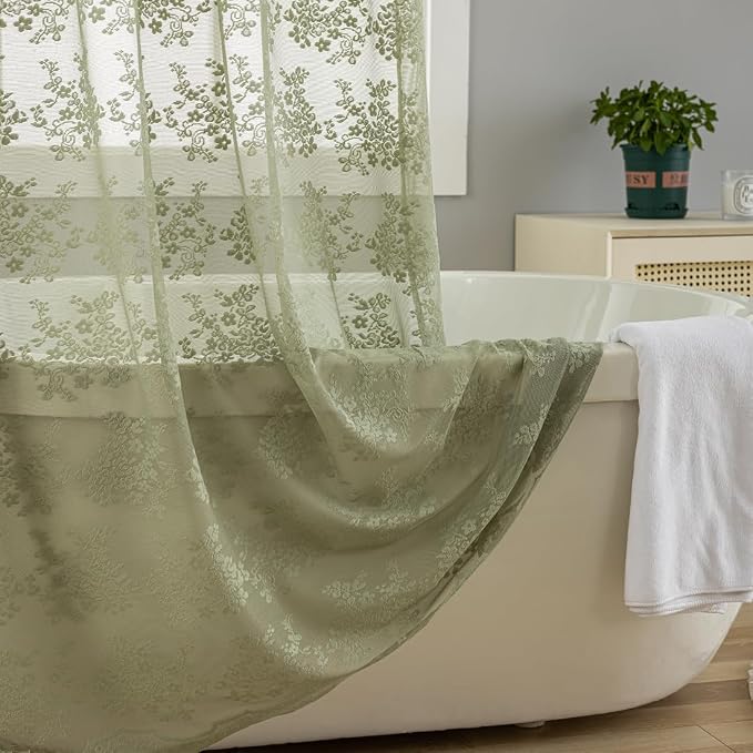TUDECO Sage Green Shower Curtain with Attached Valance, 72 x 72, 1 Panel | Delicate Lace, Rustic Green Floral, Farmhouse Bathroom Decor, Brightens Space, Gentle Privacy, Scalloped Edges
