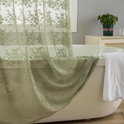 TUDECO Sage Green Shower Curtain with Attached Valance, 72 x 72, 1 Panel | Delicate Lace, Rustic Green Floral, Farmhouse Bathroom Decor, Brightens Space, Gentle Privacy, Scalloped Edges