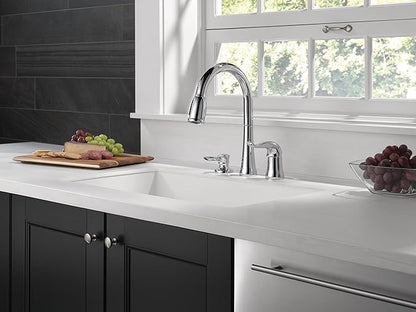 Delta Kate Chrome Kitchen Faucet with Pull Down Sprayer and Soap Disperser, Modern Two Hole Kitchen Sink Faucet, Single Handle, Chrome 16970-SD-DST
