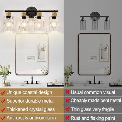 Bathroom Light Fixtures, 4-Light Coastal Vanity Lights with Crystal Glass Shade, Black Bathroom Wall Lamp for Mirror Kitchen Hallway Cabinet