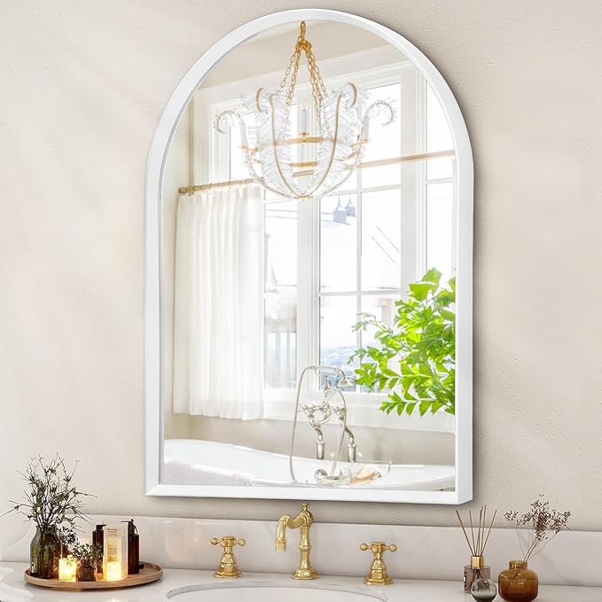 Arch Bathroom Mirror, Wall Mounted Mirrors, White Vanity Wall Mirror Metal Frame Home Decor for Bedroom, Entryway, Living Room 26"x18"