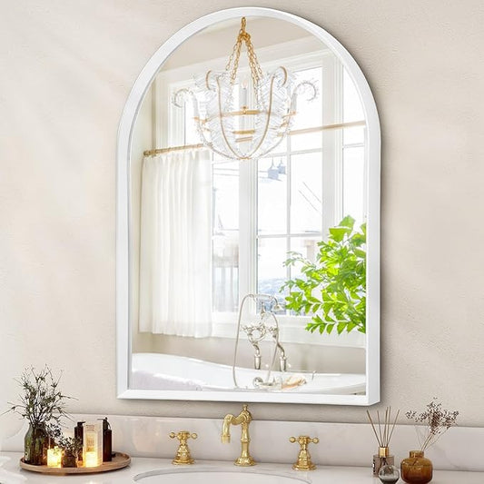 Arched Wall Mirror Bathroom Mirror Brushed Metal Vanity Wall Mounted Mirrors for LivingRoom Bedroom Entryway Room Home Decor White 16"x12"