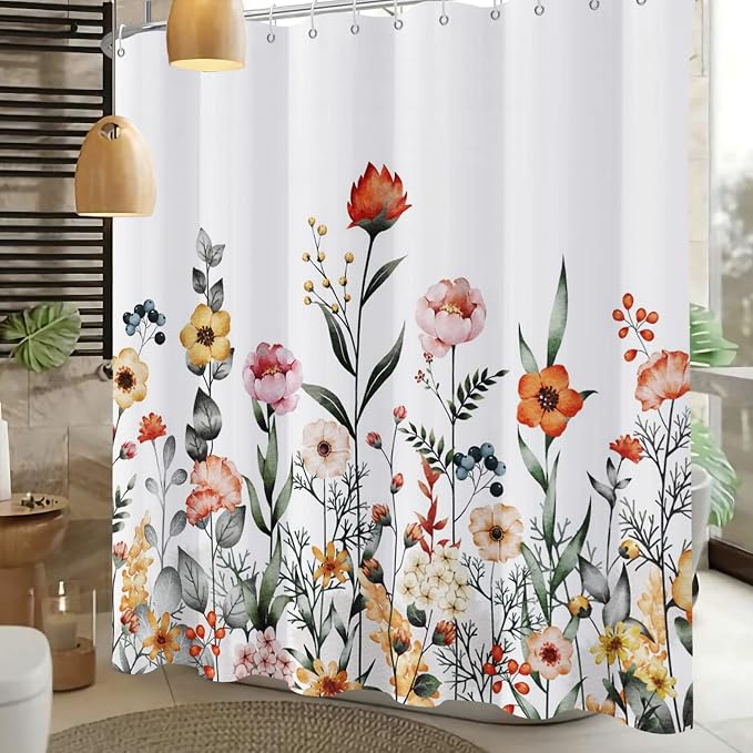 Floral Shower Curtain, Flower Shower Curtains for Bathroom, Watercolor Leaf Bathroom Curtain, Fabric Shower Curtains for Home Hotels Bathtubs Decor Easy Care Machine Washable 72x72