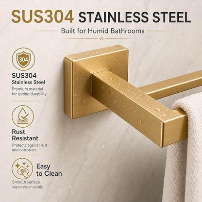 Luxury 5-Piece Bathroom Hardware Set, 23.6" Double Towel Bar & Wall Mounted Bathroom Accessories Set, SUS304 Stainless Steel Solid Metal Construction, Modern Square Design, Brushed Gold