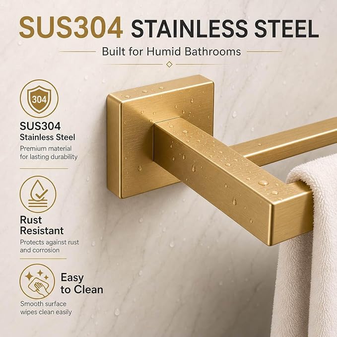 Luxury 5-Piece Bathroom Hardware Set with 23.6" Double Towel Bar and Toilet Paper Holder Shelf, Wall Mounted Bathroom Accessories, Modern Square Design SUS304 Stainless Steel Solid Metal, Brushed Gold