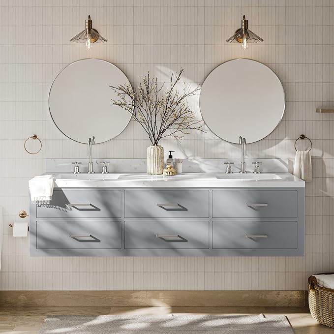 ARIEL Hutton 72-inch Bathroom Vanity with Sink,Solid Wood, 1.5-inch Carrara White Quartz Countertop & Backsplash, Double Rectangular Porcelain Sink, 3 Dovetail Drawers, Grey