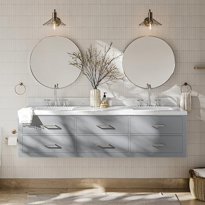 ARIEL Hutton 72-inch Bathroom Vanity with Sink,Solid Wood, 1.5-inch Carrara White Quartz Countertop & Backsplash, Double Rectangular Porcelain Sink, 3 Dovetail Drawers, Grey