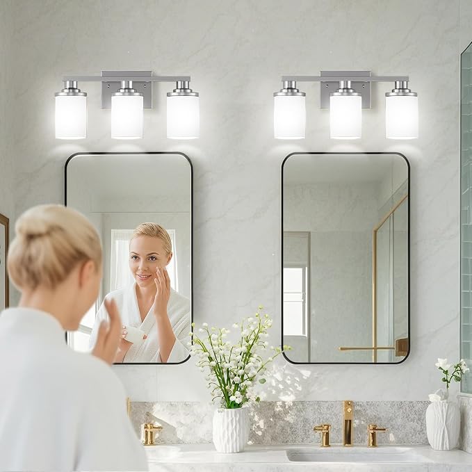 L LOHAS LED 3-Light Bathroom Vanity Light, Brushed Nickel | Milky White Frosted Glass Shades; Wall Sconce Over Mirror for Bedrooms; ETL Listed