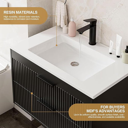 30 Inches Modern MDF Bathroom Vanity with Sink, Wall Mounted Floating Cabinets w/Double Drawers, Black Handles, White Resin Sink Combo Set (Black, 30")