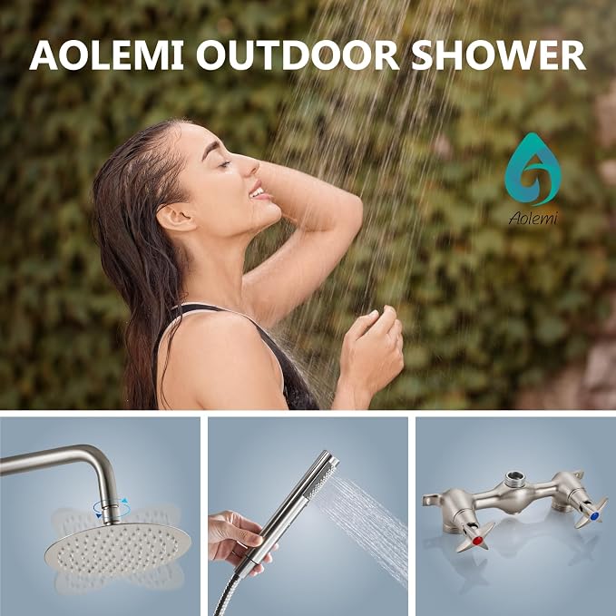 Aolemi Outdoor Shower Kit,8 Inch Rain Head and Handheld,Brushed Nickel | 2-Handle Hot and Cold Control, Adjustable Height, 6-Inch Center Valve, 59-Inch Hose, Winter Drainage Outdoor Shower Fixtures