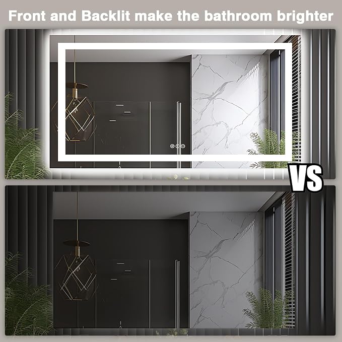 EchosLife 66"x36" LED Lit Bathroom Mirror | Backlit + Front Lit, Anti-Fog, Stepless Dimmable, 3 Colors, Memory, Tempered Glass, UL Listed, Horizontal/Vertical