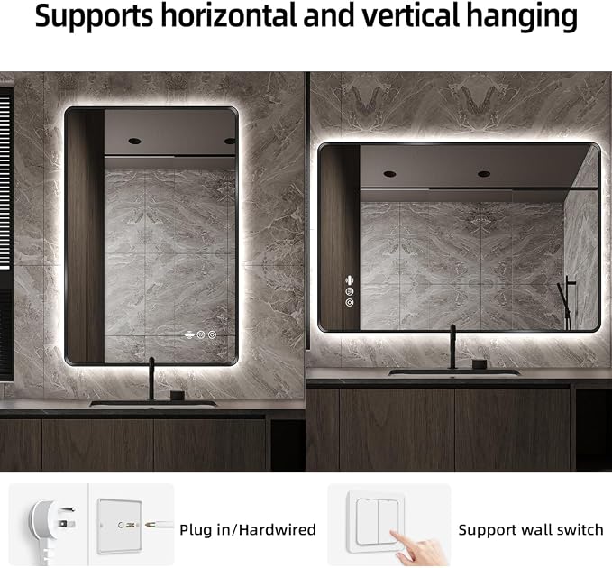 30" x 36" Black LED Bathroom Mirror with Lights - Motion Sensor | Smart Backlit Mirror Bathroom, Anti-Fog, 3-Color Stepless Dimmable, Memory Function, Metal Framed Rounded-Corner Rectangle