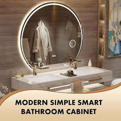 68 Inch Luxury Bathroom Vanity, Floating Bathroom Vanity with Sink and LED Round Smart Defogger Mirror, Multilayer solid wood Spacious Storage Drawer Include Faucet and Drain Fittings,Double Sink