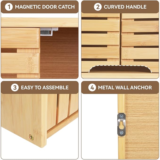 HYNAWIN Bathroom Wall Mounted Bamboo Storage Cabinet with Double Doors, 2-Tier Adjustable Shelf, Over Toilet Organizer for Bathroom, Kitchen, Entryway