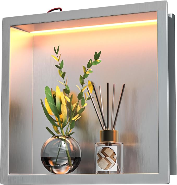 Stainless Steel LED Shower Niche 12" X 12" Brushed with RGB Light Waterproof Hardwired Dimmable No Tile Needed Recessed Wall Niche Shower for Bathroom Storage Over Mount Installation