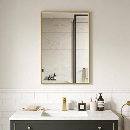 Bathroom Mirror 30" x 20" Brushed Gold Beveled Framed Mirror for Over Sink | Rectanglar Modern Farmhouse Wall Mirror, Tempered Glass, Anti-Rust, Hangs Horizontally or Vertically