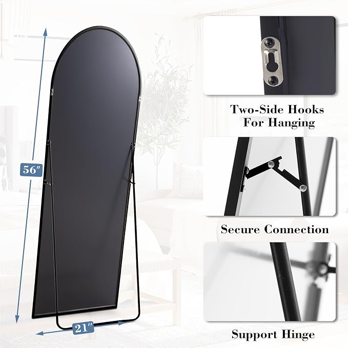 NEWBULIG Arched Full Length Floor Mirror 56"x15", Body Standing Mirror | Wall Hanging or Leaning, Shatter-Proof Glass, Aluminum Alloy Frame with Stand, Home Decor Bedroom, Black