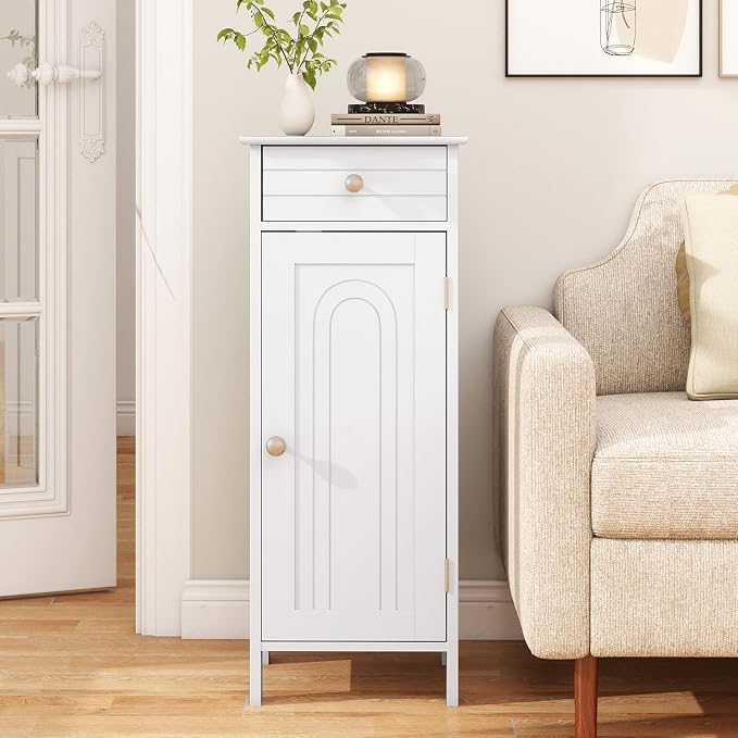 Giantex 34.5" Bathroom Cabinet with Drawer & Single Door (White) | Narrow Side Storage Organizer with 6 Shelf Positions, Freestanding Floor Storage Cabinet for Bathroom, Living Room, Entryway