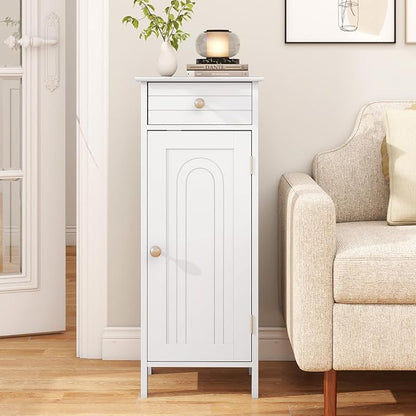 Giantex 34.5" Bathroom Cabinet with Drawer & Single Door (White) | Narrow Side Storage Organizer with 6 Shelf Positions, Freestanding Floor Storage Cabinet for Bathroom, Living Room, Entryway