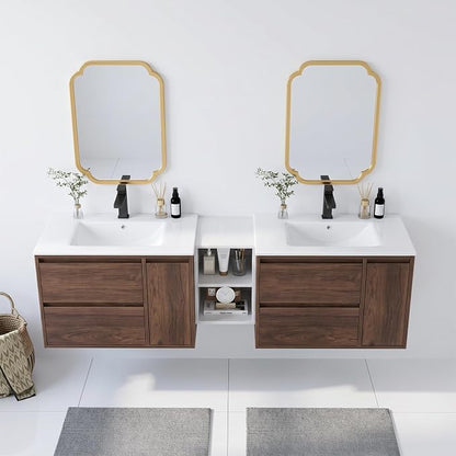72 Inch Modern Floating Double Sink Bathroom Vanity, Wall-Mounted with Seamless Ceramic Top, Rounded Corners, Full-Extension Soft-Close Drawers & Concealed Drainage, White