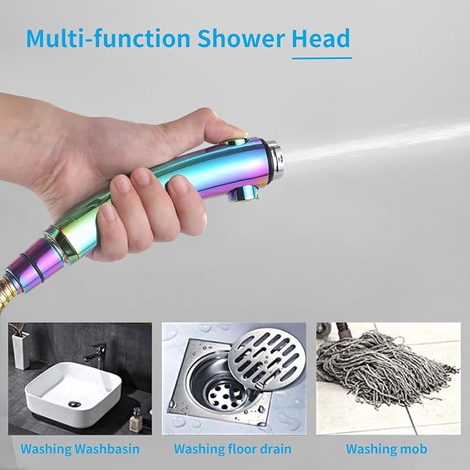 Drill-Free High Pressure Handheld Shower Head with ON/OFF Switch, 3 Spray Modes - Polished Finish, Shower Head (Radiant Rainbow) + Bracket + Hose | 3 Spray Modes with ON/OFF Switch, Detachable Dog Shower Attachment, Pet Shower Wand with Bracket & Hose,...