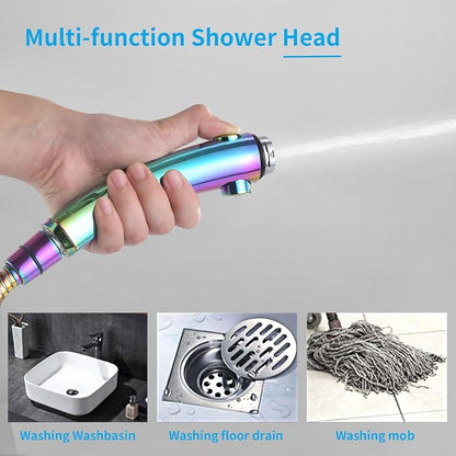 Drill-Free High Pressure Handheld Shower Head with ON/OFF Switch, 3 Spray Modes - Polished Finish, Shower Head (Radiant Rainbow) + Bracket + Hose | 3 Spray Modes with ON/OFF Switch, Detachable Dog Shower Attachment, Pet Shower Wand with Bracket & Hose,...