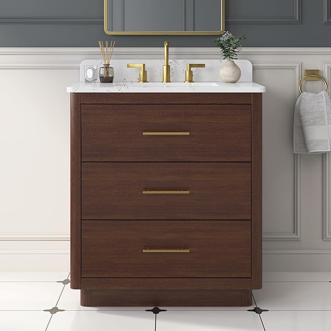 30 Inch Bathroom Vanity with Sink, Solid Wood Frame with Engineered Marble Countertop, Fully-Assembled Vanity with Soft-Close Drawers, Adjustable Feets, Warm Elm