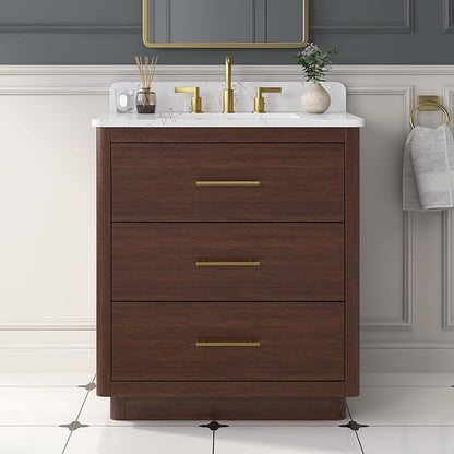 30 Inch Bathroom Vanity with Sink, Solid Wood Frame with Engineered Marble Countertop, Fully-Assembled Vanity with Soft-Close Drawers, Adjustable Feets, Warm Elm
