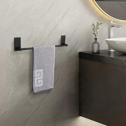 NearMoon Self Adhesive Bathroom Towel Bar- Stainless Steel Bath Wall Shelf Rack Hanging Towel Stick On Sticky Hanger Contemporary Style, NO Drilling (2 Pack, Matte Black, 12-Inch Towel Rack)