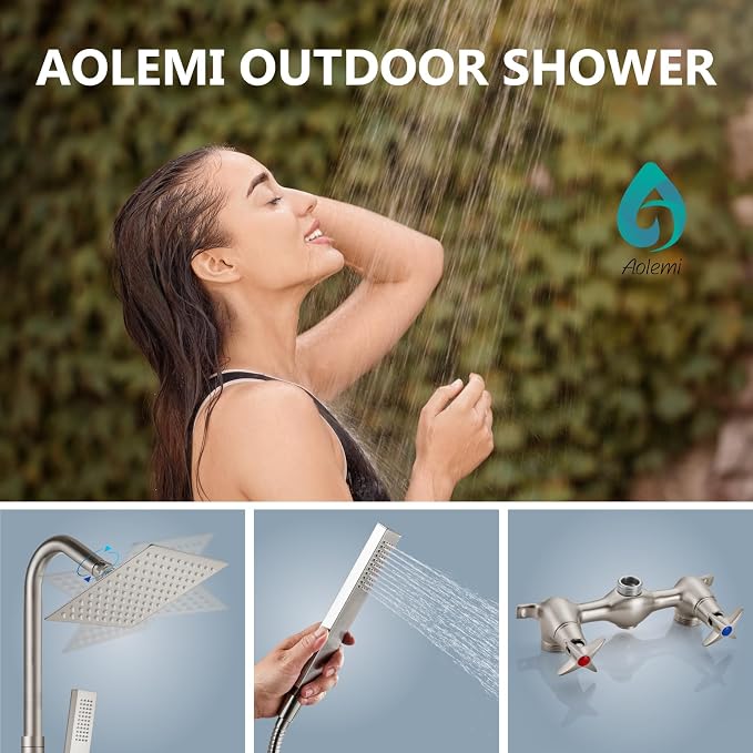 Aolemi Outdoor Shower Kit with Handheld,Square Rain Shower,Brushed Nickel | 2-Handle Hot and Cold Control, Adjustable Height, 6-Inch Center Valve, 59-Inch Hose, Winter Drainage Outdoor Shower Fixtures