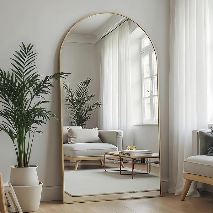 Dewfig Arched Full Length Mirror, 76"x34" Large Floor Mirror, Gold | Aluminum Alloy Frame Full Body Mirror, HD Shatterproof Tempered Glass, Lean/Stand/Wall for Living Room,Bedroom, Dressing Room