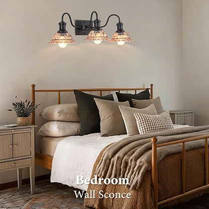 Farmhouse Vanity Lights 3-Light, Black Bathroom Light Fixtures with Amber Glass Shade, Vintage Vanity Lights Over Mirror, Farmhouse Wall Sconce for Bathroom, Vanity Table, Foyer