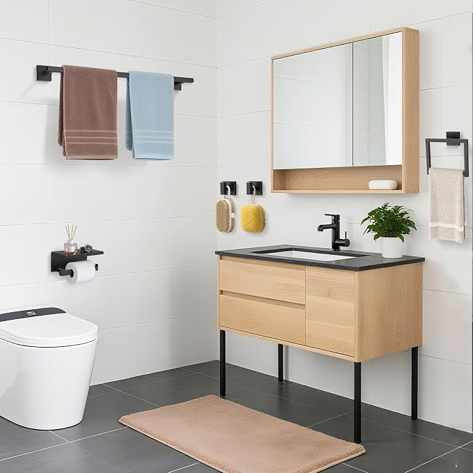 TURS 5-Pieces Matte Black Bathroom Hardware Accessories Set 23.6" Towel Bar Set Wall Mounted Square Toilet Paper Holder with Shelf Stainless Steel