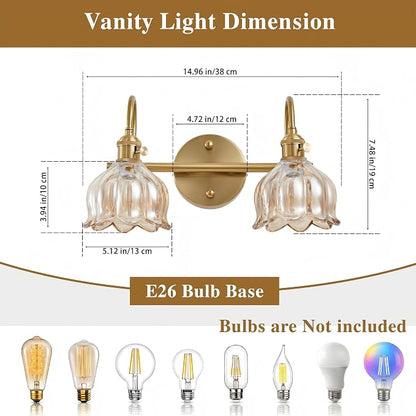 Bathroom Light Fixtures, 3-Light Brass Vanity Wall Light with Amber Tulip Glass Shades, Vintage Wall Sconce Over Mirror for Bathroom, Bedroom, Living Room (Bulbs Not Included) (Amber, 2-Light)