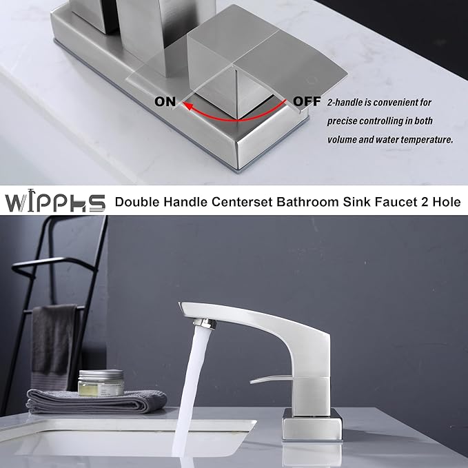 Brushed Nickel Bathroom Faucet, Stainless Steel Brush Nickel 2 Handle 4 inch Centerset Bathroom Sink Faucet 2 Hole with Pop Up Drain and cUPC Supply Hose, Satin Nickel Lavatory Faucet