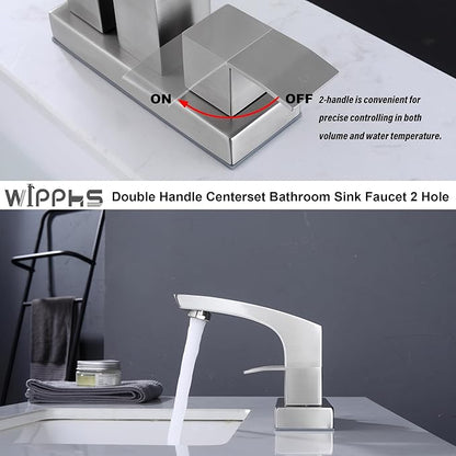Brushed Nickel Bathroom Faucet, Stainless Steel Brush Nickel 2 Handle 4 inch Centerset Bathroom Sink Faucet 2 Hole with Pop Up Drain and cUPC Supply Hose, Satin Nickel Lavatory Faucet