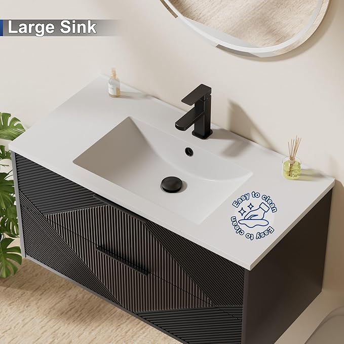 LUCKWIND 36" Floating Bathroom Vanity with Sink Combo, Wall Mounted Floating Cabinet with 2 Large Soft-Close Drawers & Water Saving Faucet, Geometric Textured Design in Black