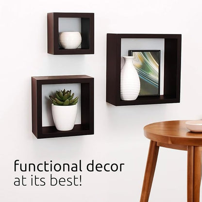 Kiera Grace Cubbi Floating Shelves, Modern Wall-Mounted Square Shelves for Bedroom, Bathroom, Kitchen, Easy to Hang, 5"/7"/9", Expresso, Set of 3