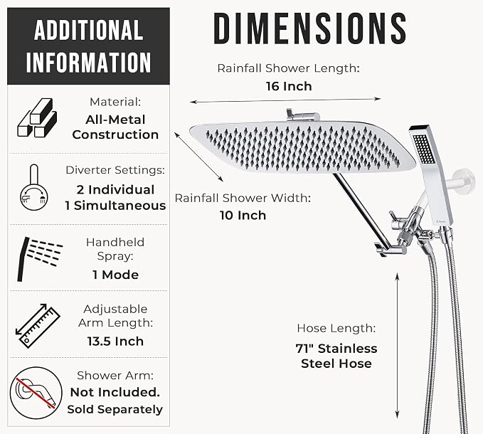 G-Promise All Metal 16" Rain Shower Head with Handheld for Bathroom Upgrade | All Metal, Built to Last, Easy Install, Adjustable Height & Angle for All Heights, Extra Long Hose, Modern Upgrade