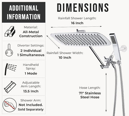 G-Promise All Metal 16" Rain Shower Head with Handheld for Bathroom Upgrade | All Metal, Built to Last, Easy Install, Adjustable Height & Angle for All Heights, Extra Long Hose, Modern Upgrade
