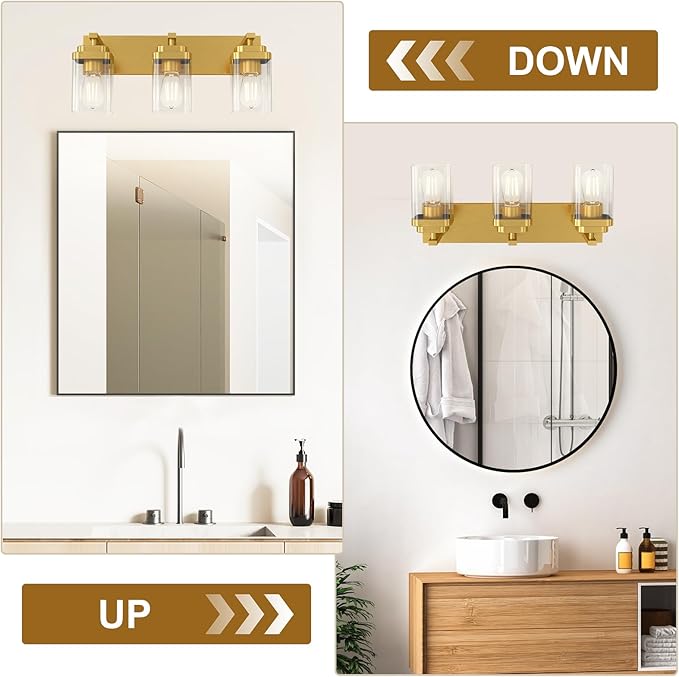 Brushed Gold Bathroom Light Fixtures, 3 Lights Bathroom Lighting Fixtures Over Mirror, Square Design & Rectangle Large Backplate, Modern Vanity Lighting Fixtures, for Living Room/Bedroom