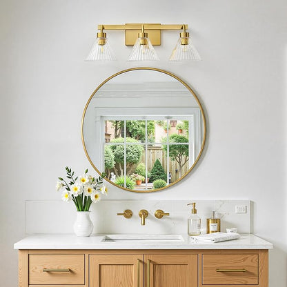 AIJIASI Modern Bathroom Vanity Light 3-Light Brushed Gold Bathroom Light Fixtures with Ribbed Glass Shade 24 Inch Up/Down Mount Vanity Lighting Fixtures Over Mirror for Bath Bedroom Makeup